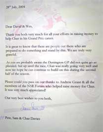 Thank you letter from the  Chaz Davies camp - click for larger image...